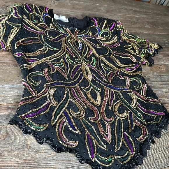 Vintage Lawrence Kazar sequined beaded silk top GVC size M - Picture 2 of 12